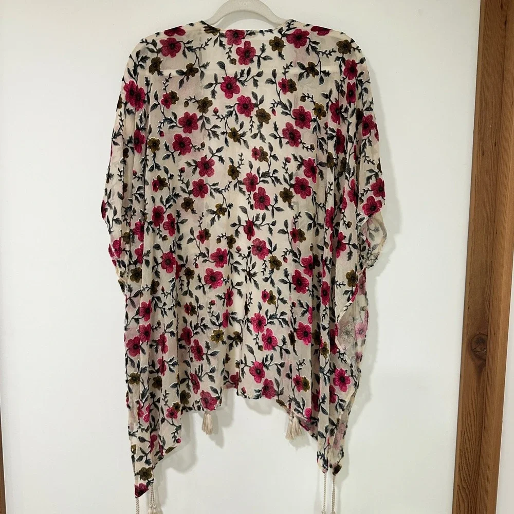 Japna Floral Velvet Burnout Kimono Womens Small Pink Sheer Tassel Wrap Cardigan